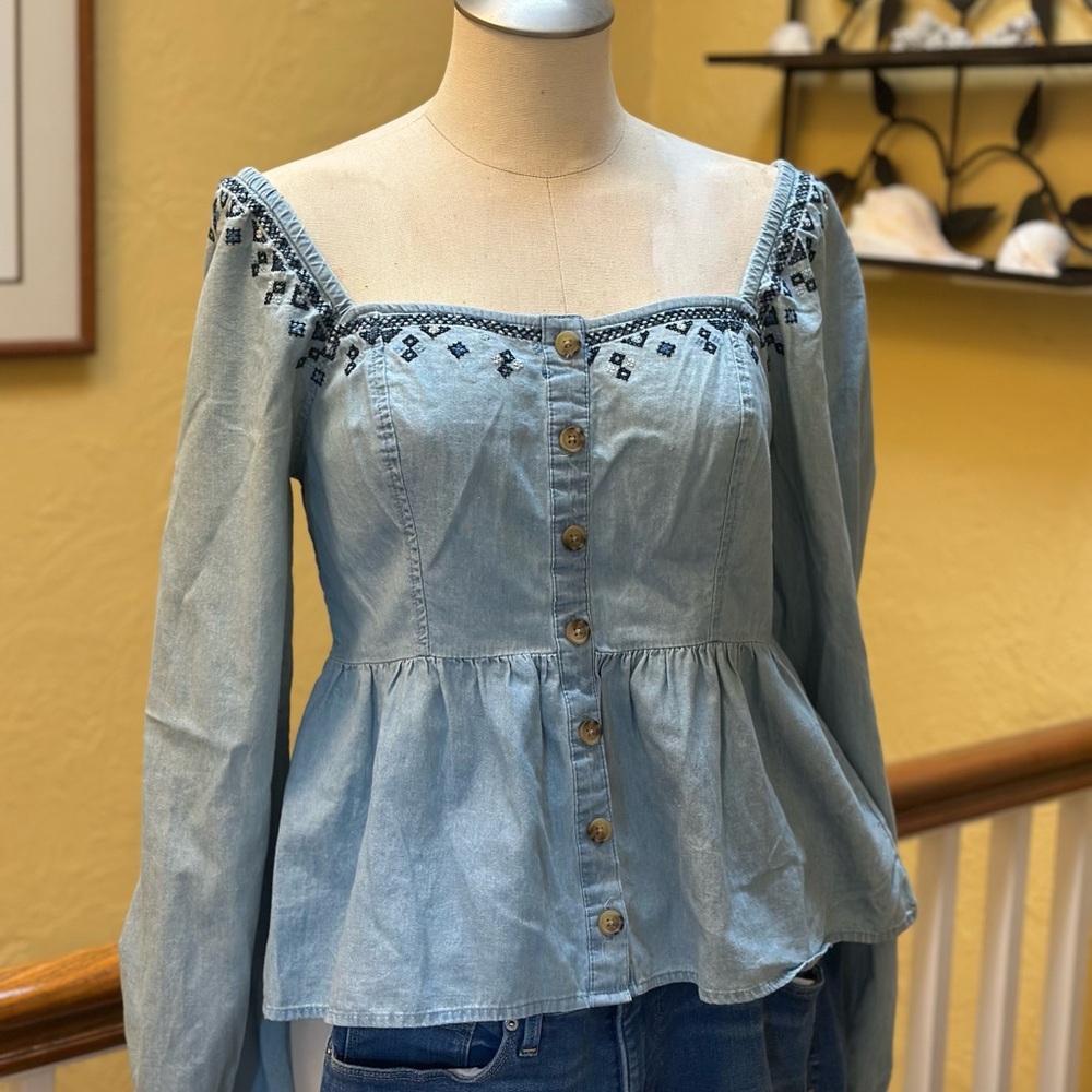 Aeropostale Light Blue Embroidered Blouse